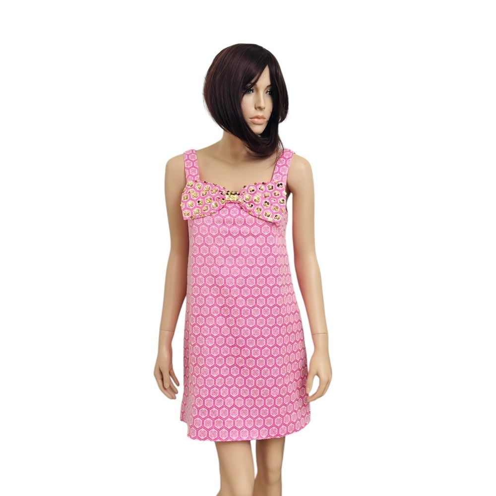 NWOT Lilly Pulitzer Pink Pink Shift Mini Dress Sleeveless Embellished Neckline - Picture 5 of 13